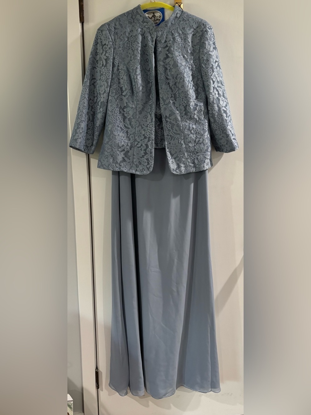 Azazie Cornish Blue MOB Lace Jacket with Lace Bodice & Satin Maxi Skirt